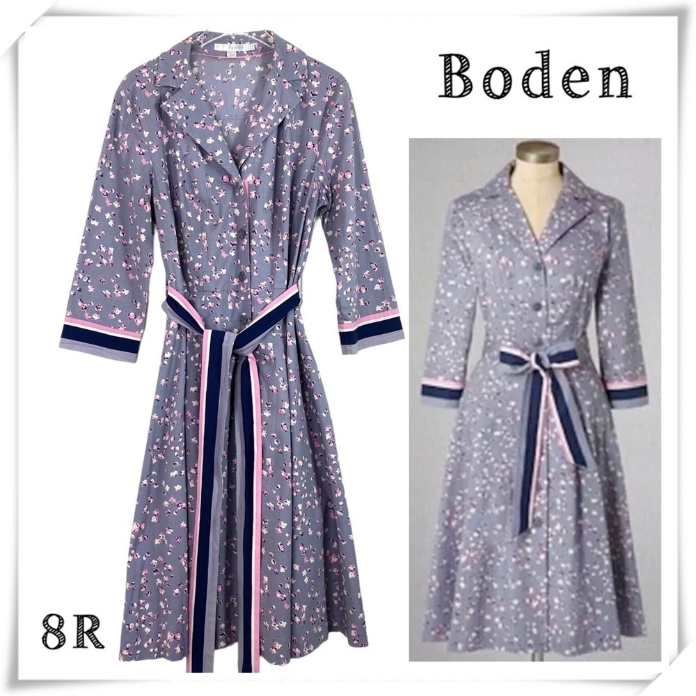 Boden Riviera Floral Waist Belt Shirt Flare Midi Dress in Gray with Pink Size 8R